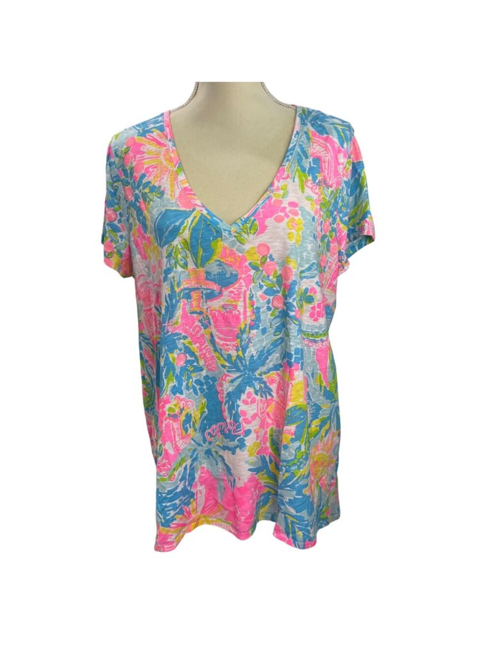 Lilly Pulitzer Etta V-Neck Top Women's Size XL Sunshine State of Mind Cotton